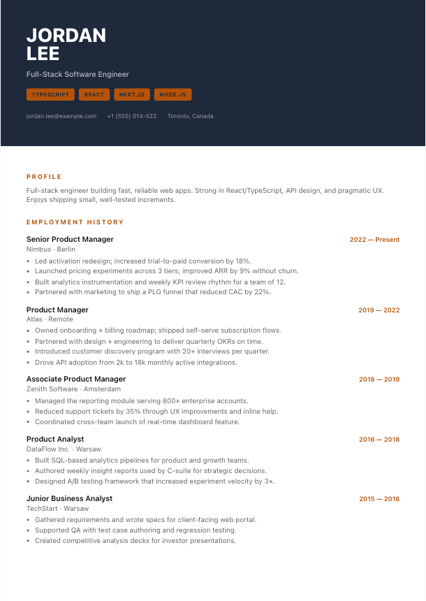 Warsaw resume template preview